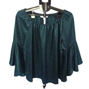 Fever Deep Green Soft Top Blouse Size Large L Unique Bell Sleeves